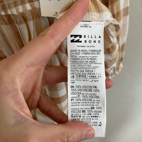 Billabong Paradise Days Checkered Plaid Smocked Neutral Mini Dress Womens Medium - Picture 6 of 6